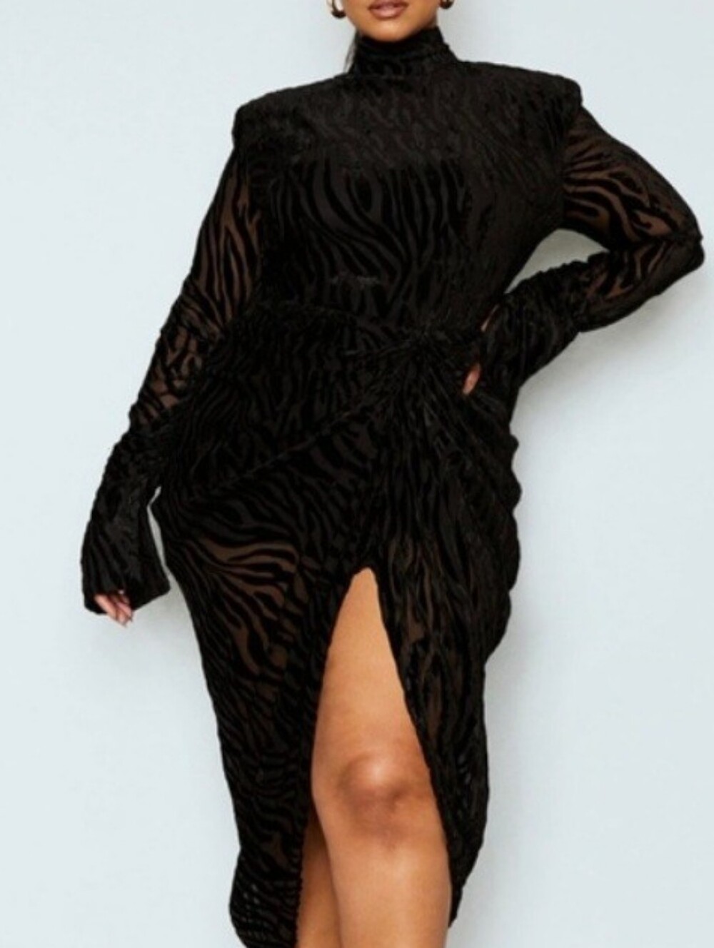 PrettyLittleThing Plus Black Zebra Devore High Neck Draped Midi Dress US12 UK16